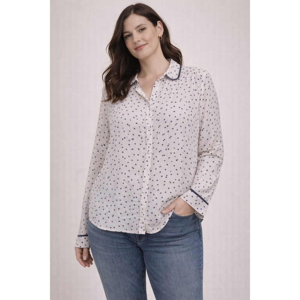 Maeve‎ Anthropologie Womens Top Blouse Button Down White Navy Dots Size 12